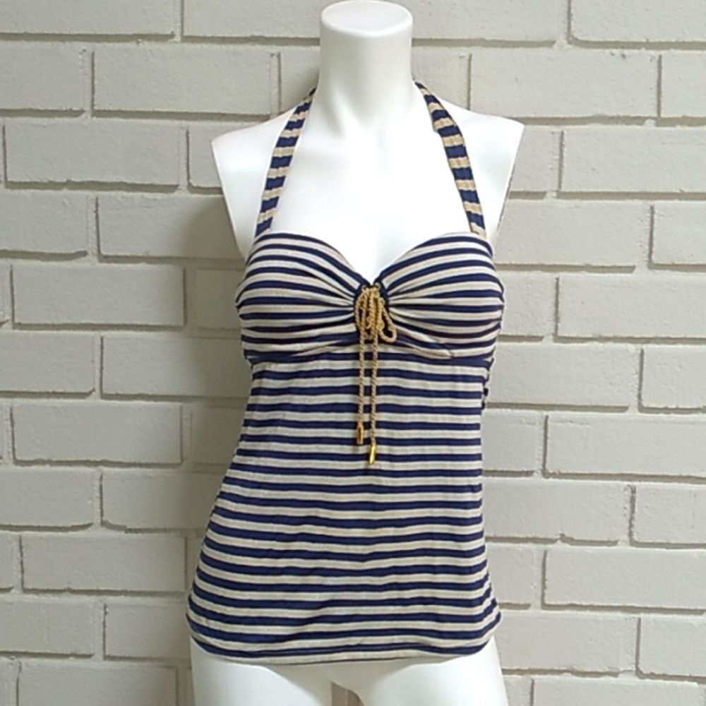 Jessica Simpson Blue/Gold Striped Tie Tankini Swim Top. Size Medium